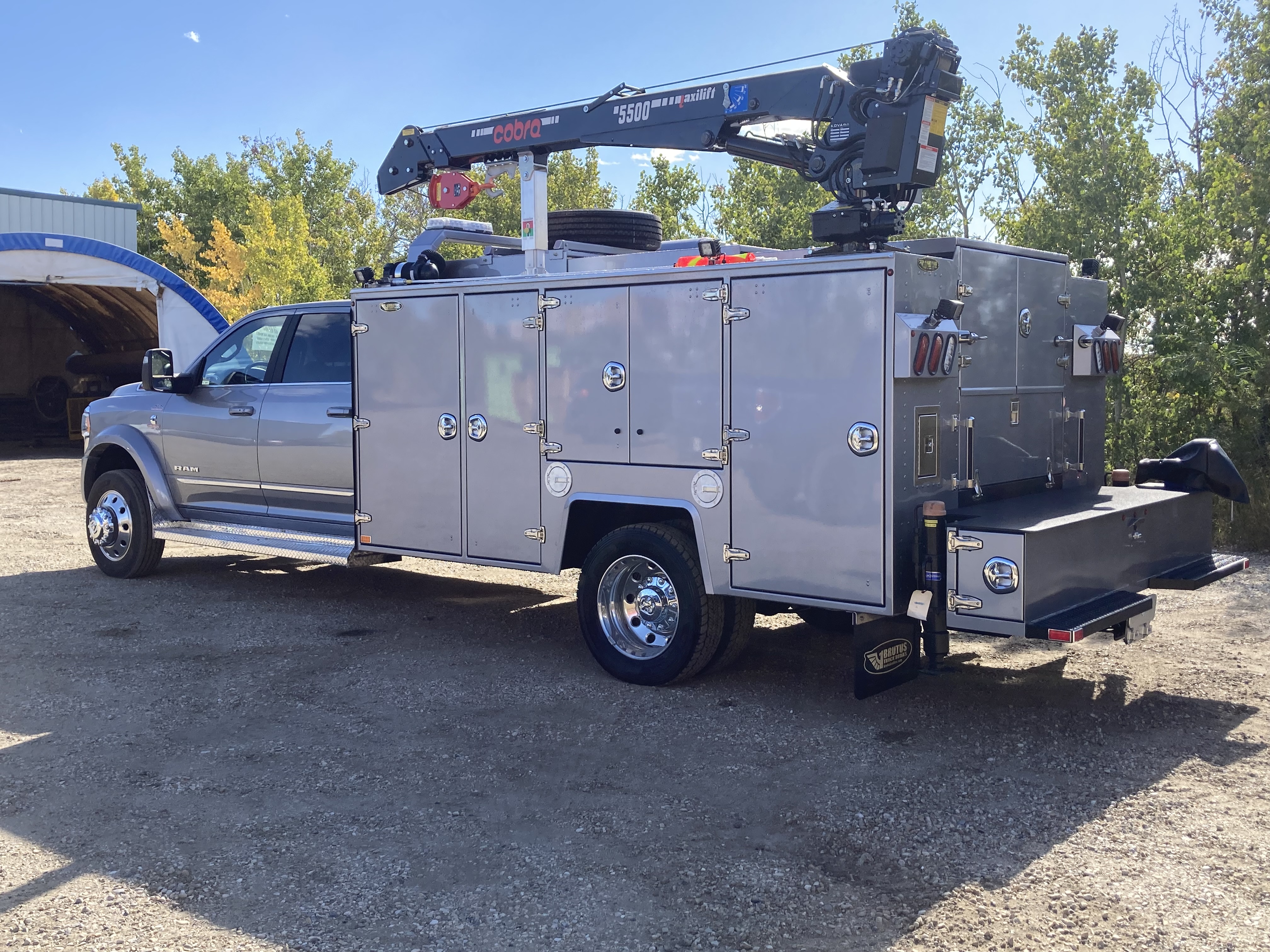 Blue Brutus service body truck with rear equipment storage